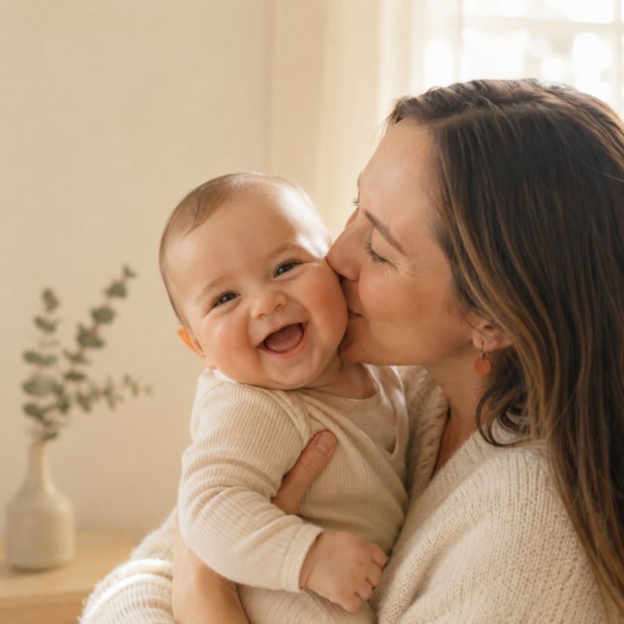 A mum lovingly kisses her laughing baby on the cheek
